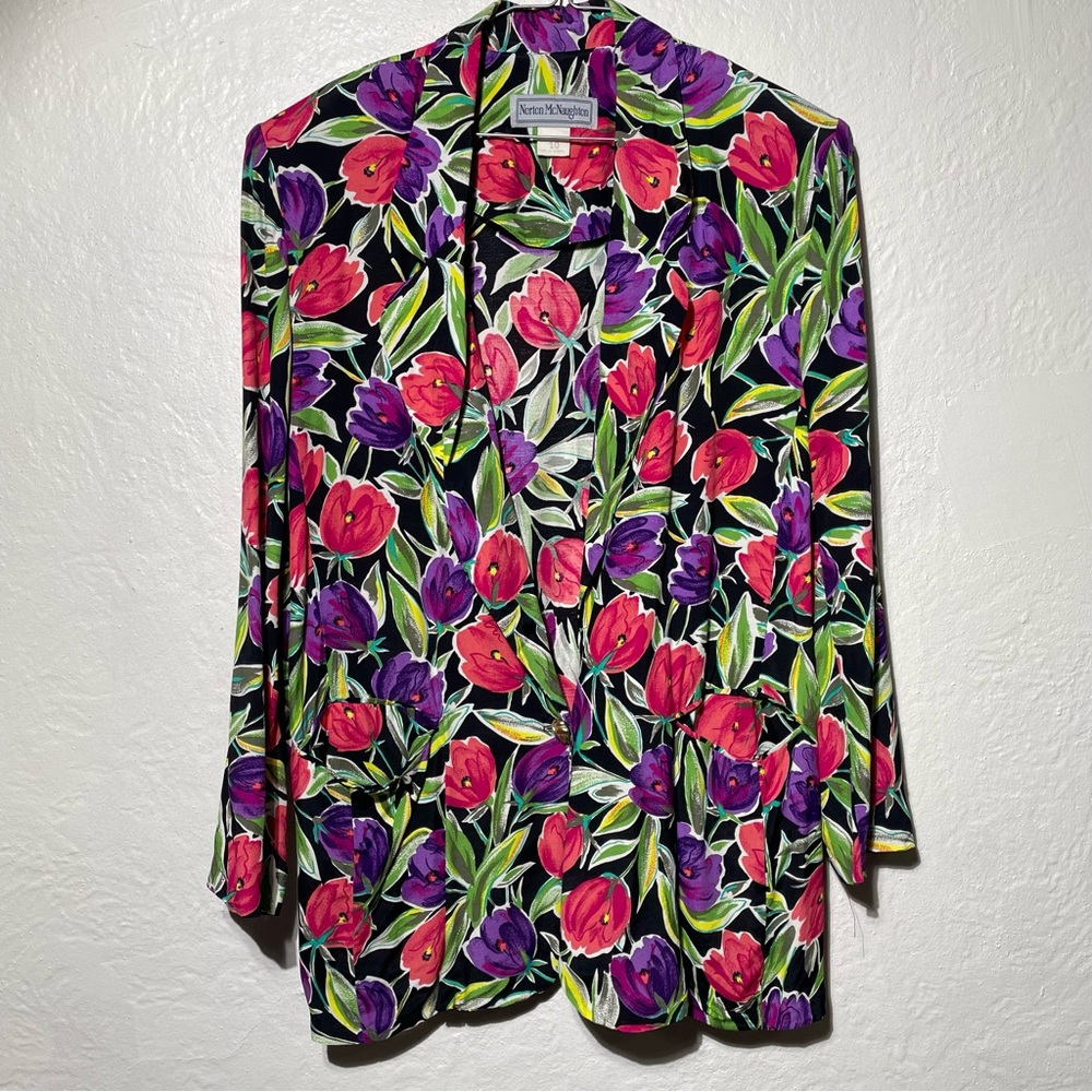 VTG Norton McNaughton Blazer Women Open Front tulip Floral Jacket Shoulder Pad - Picture 6 of 8